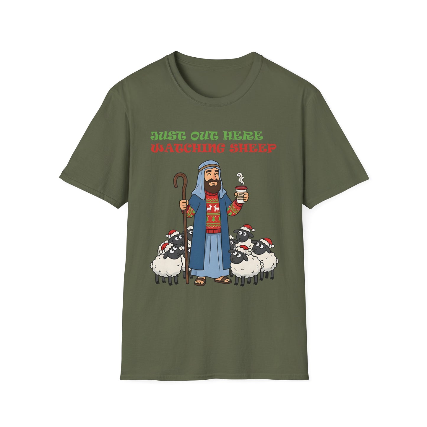 Funny Bethlehem Shepherd Christmas T-Shirt Just Out Here Watching Sheep