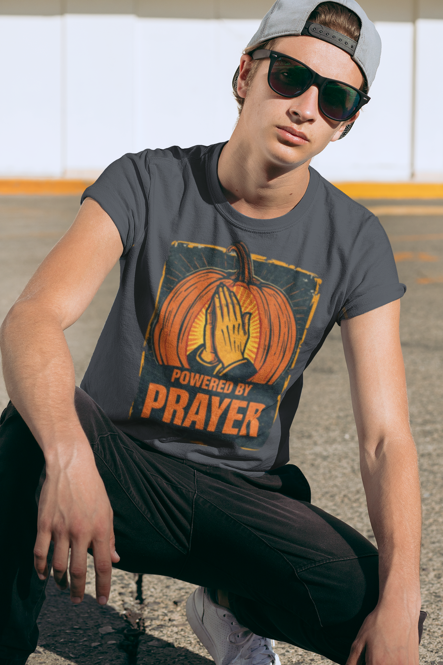 Powered by Prayer Pumpkin Unisex Graphic T-Shirt