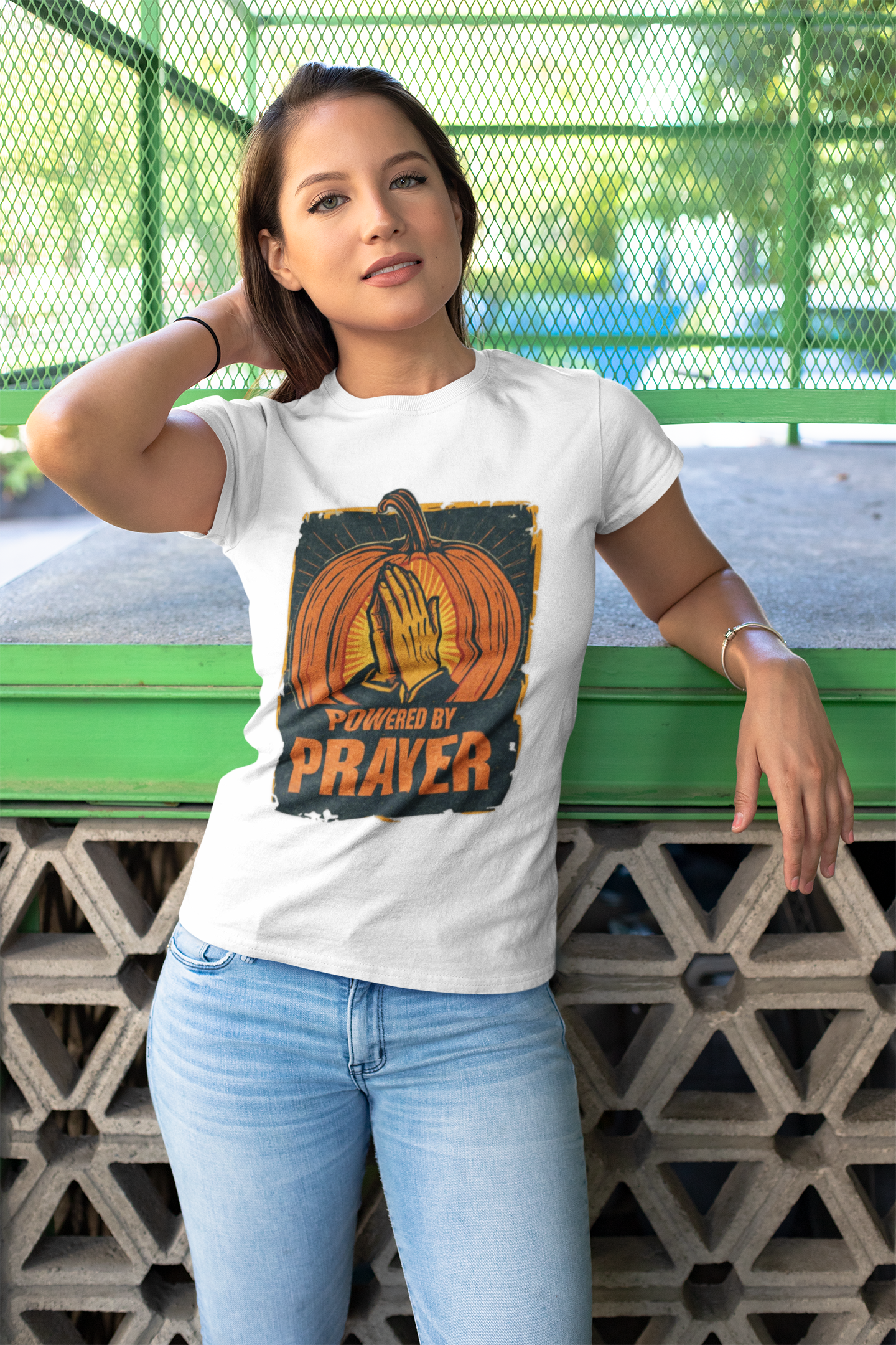 Powered by Prayer Pumpkin Unisex Graphic T-Shirt