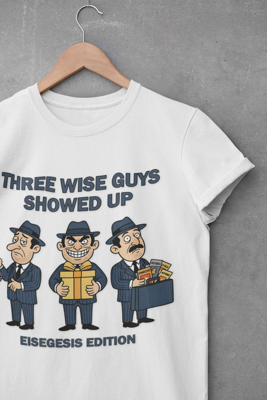 Three Wise Guys Showed Up Eisegesis Edition Theology Humor Christmas T-Shirt