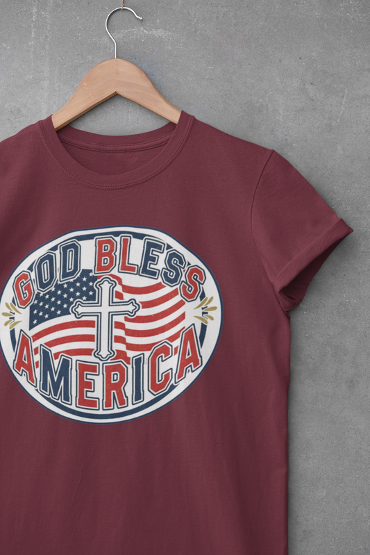God Bless America Christian Patriotic Flag and Cross T-Shirt