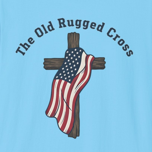 A178 - The Old Rugged Cross — American Flag-Draped Cross Christian Patriotic T‑Shirt