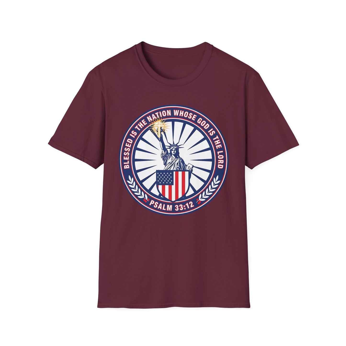 Blessed Is the Nation Whose God Is the LORD Christian Patriotic Softstyle T-Shirt - Psalm 33:12