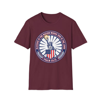Blessed Is the Nation Whose God Is the LORD Christian Patriotic Softstyle T-Shirt - Psalm 33:12
