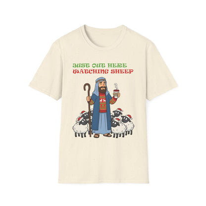 Funny Bethlehem Shepherd Christmas T-Shirt Just Out Here Watching Sheep