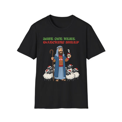 Funny Bethlehem Shepherd Christmas T-Shirt Just Out Here Watching Sheep