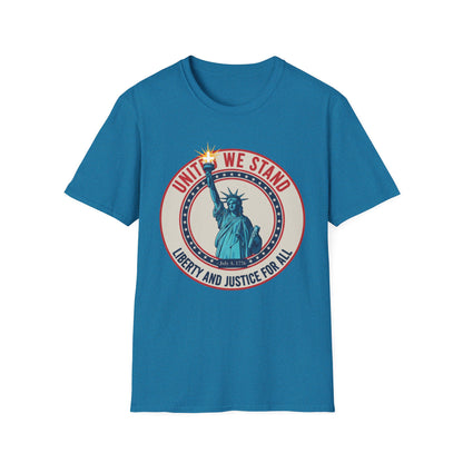 United We Stand Statue of Liberty Patriotic T-Shirt — Liberty and Justice for All