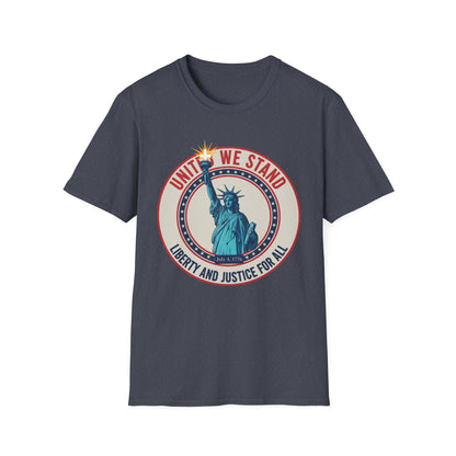 United We Stand Statue of Liberty Patriotic T-Shirt — Liberty and Justice for All