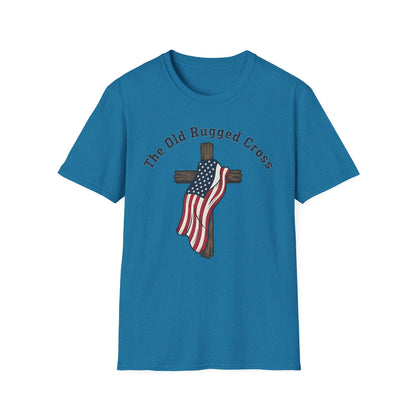 The Old Rugged Cross — American Flag-Draped Cross Christian Patriotic T‑Shirt