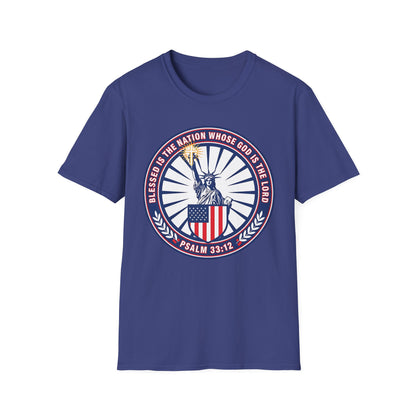 Blessed Is the Nation Whose God Is the LORD Christian Patriotic Softstyle T-Shirt - Psalm 33:12