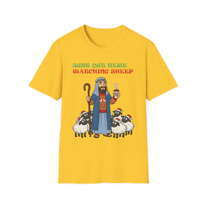Funny Bethlehem Shepherd Christmas T-Shirt Just Out Here Watching Sheep
