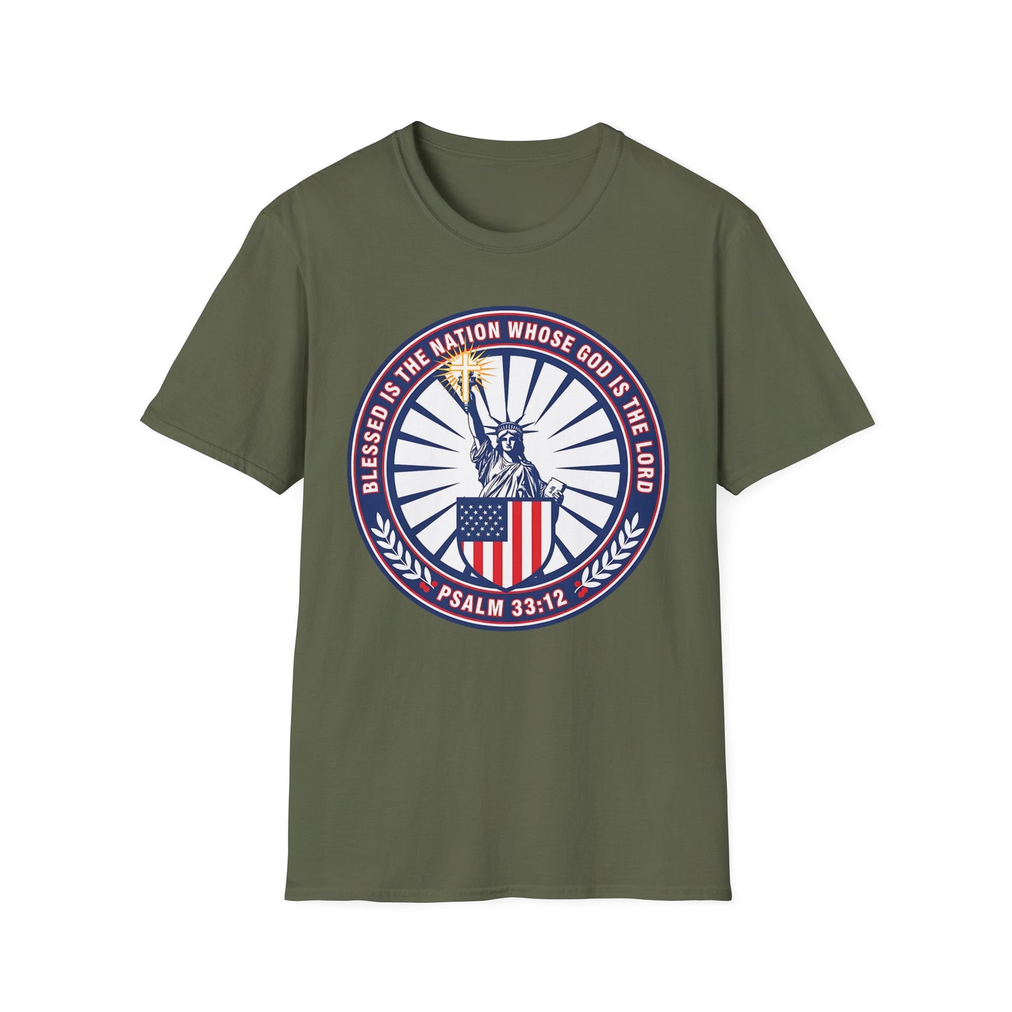 Blessed Is the Nation Whose God Is the LORD Christian Patriotic Softstyle T-Shirt - Psalm 33:12