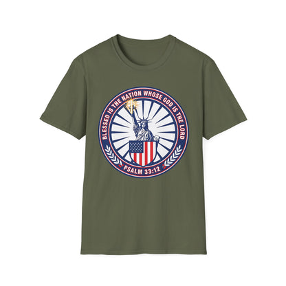 Blessed Is the Nation Whose God Is the LORD Christian Patriotic Softstyle T-Shirt - Psalm 33:12