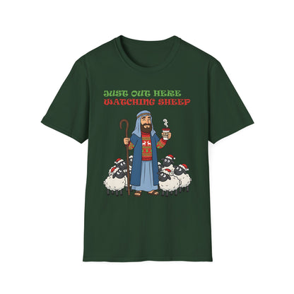 Funny Bethlehem Shepherd Christmas T-Shirt Just Out Here Watching Sheep