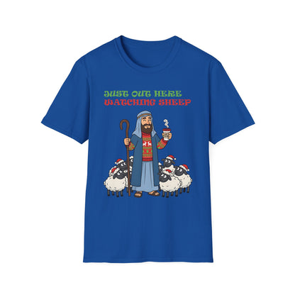 Funny Bethlehem Shepherd Christmas T-Shirt Just Out Here Watching Sheep