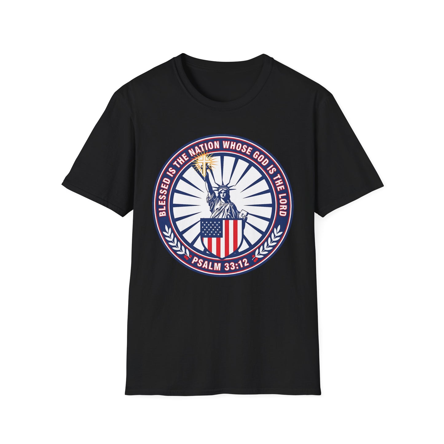 Blessed Is the Nation Whose God Is the LORD Christian Patriotic Softstyle T-Shirt - Psalm 33:12