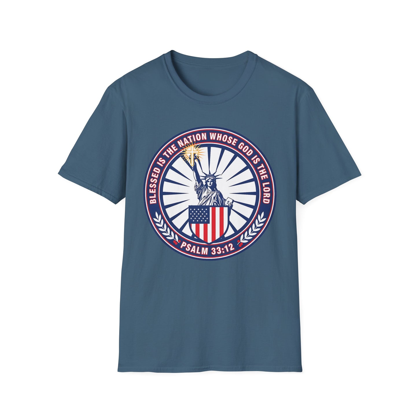Blessed Is the Nation Whose God Is the LORD Christian Patriotic Softstyle T-Shirt - Psalm 33:12