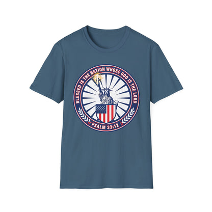 Blessed Is the Nation Whose God Is the LORD Christian Patriotic Softstyle T-Shirt - Psalm 33:12