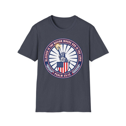 Blessed Is the Nation Whose God Is the LORD Christian Patriotic Softstyle T-Shirt - Psalm 33:12