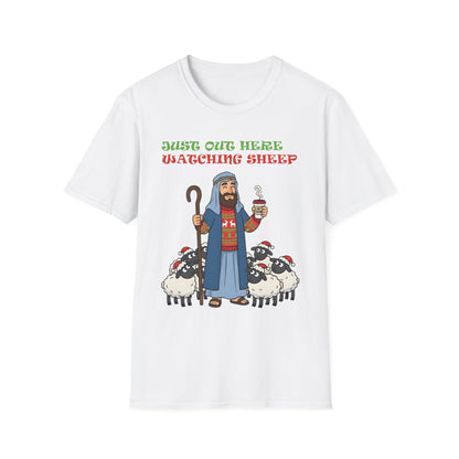 Funny Bethlehem Shepherd Christmas T-Shirt Just Out Here Watching Sheep