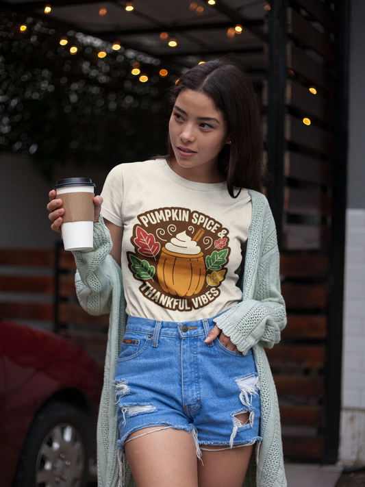 Pumpkin Spice & Thankful Vibes Autumn Fashion T-Shirt