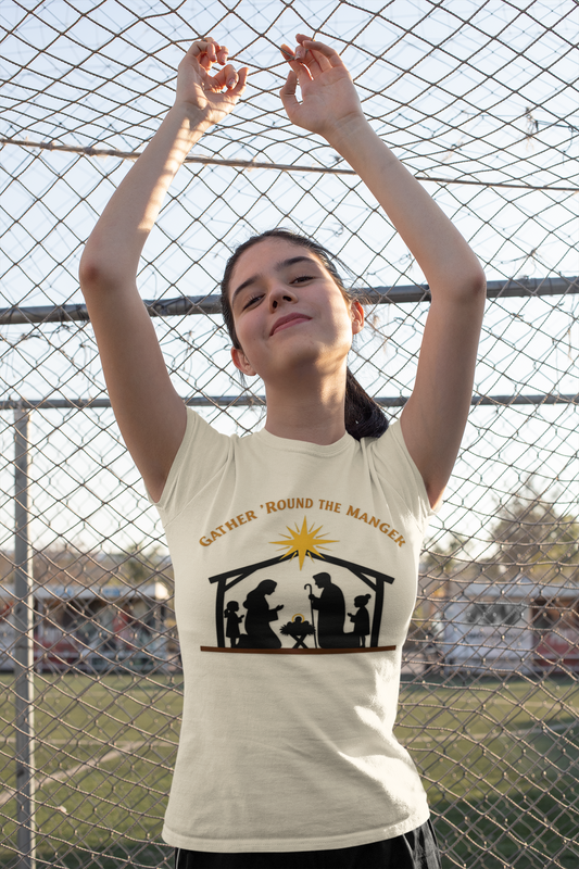 Gather 'Round the Manger Unisex Softstyle Christian Christmas T-Shirt