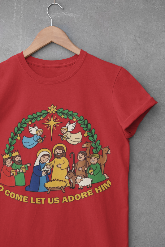 O Come Let Us Adore Him Christmas Nativity T-Shirt