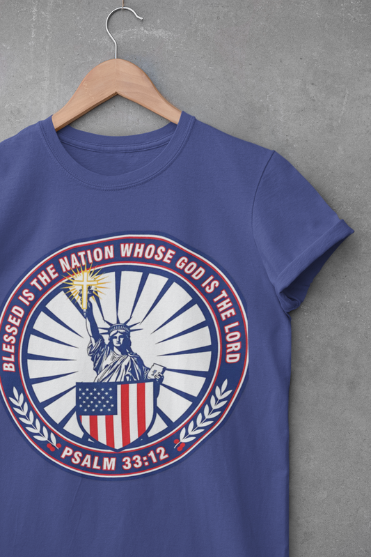 Blessed Is the Nation Whose God Is the LORD Christian Patriotic Softstyle T-Shirt - Psalm 33:12