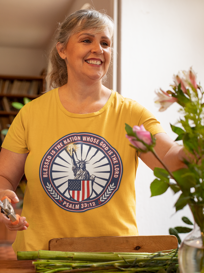 Blessed Is the Nation Whose God Is the LORD Christian Patriotic Softstyle T-Shirt - Psalm 33:12