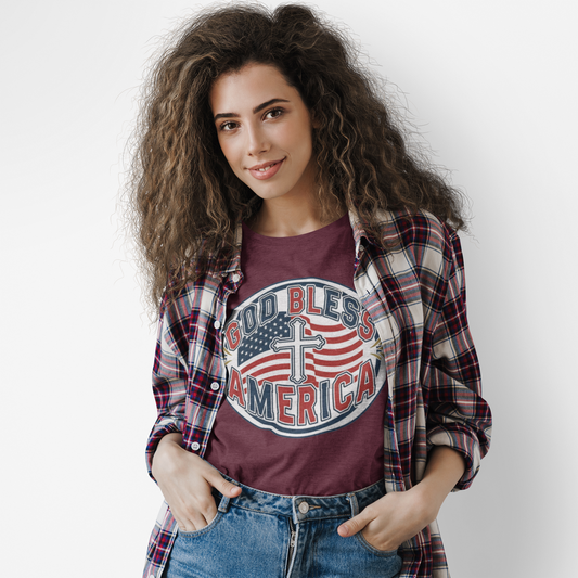 God Bless America Christian Patriotic Flag and Cross T-Shirt