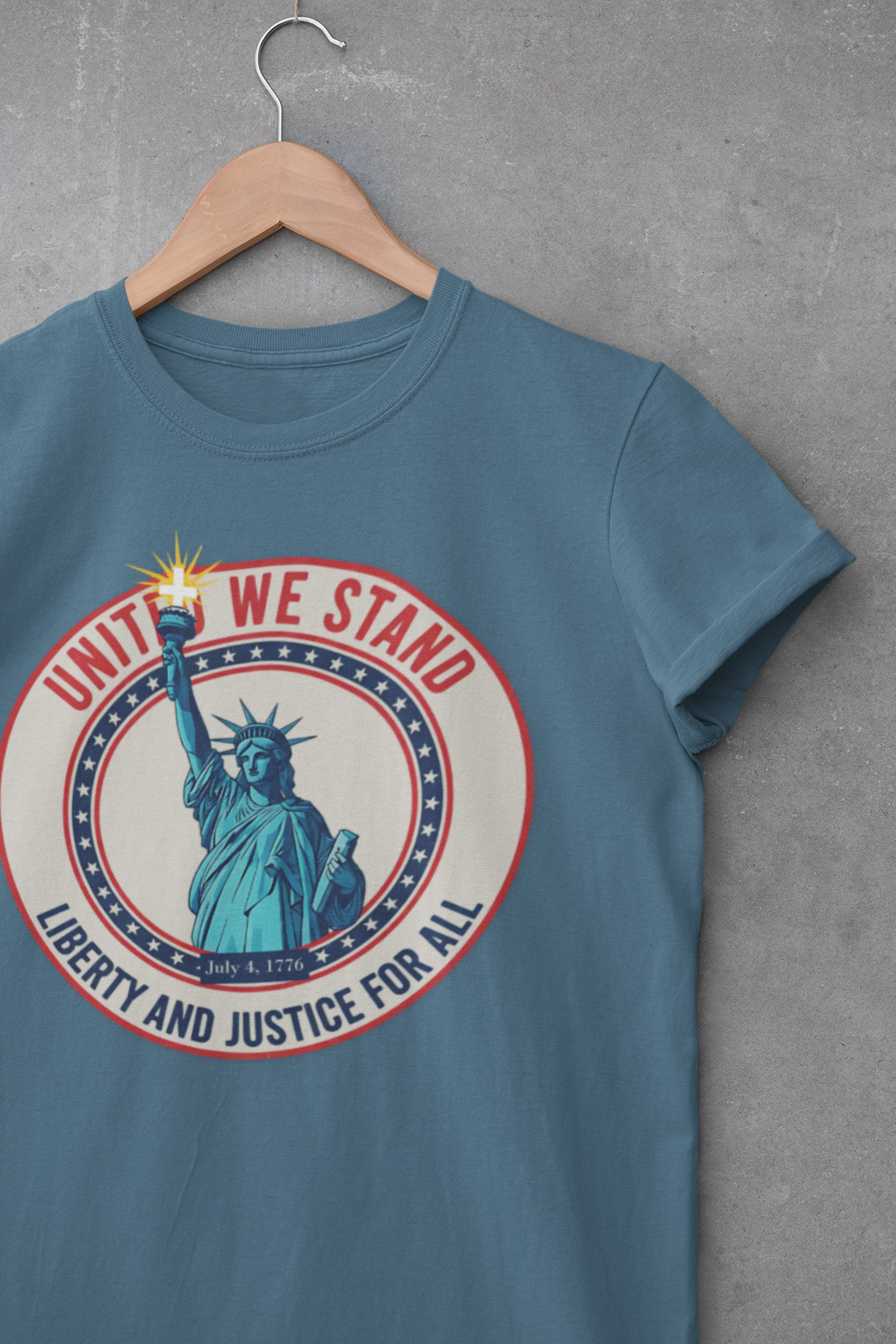 United We Stand Statue of Liberty Patriotic T-Shirt — Liberty and Justice for All