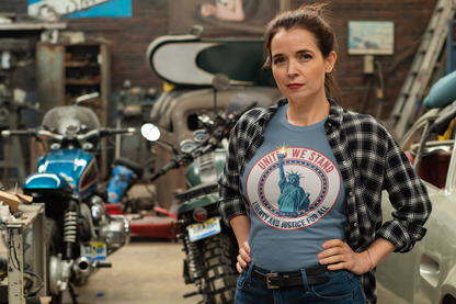 United We Stand Statue of Liberty Patriotic T-Shirt — Liberty and Justice for All