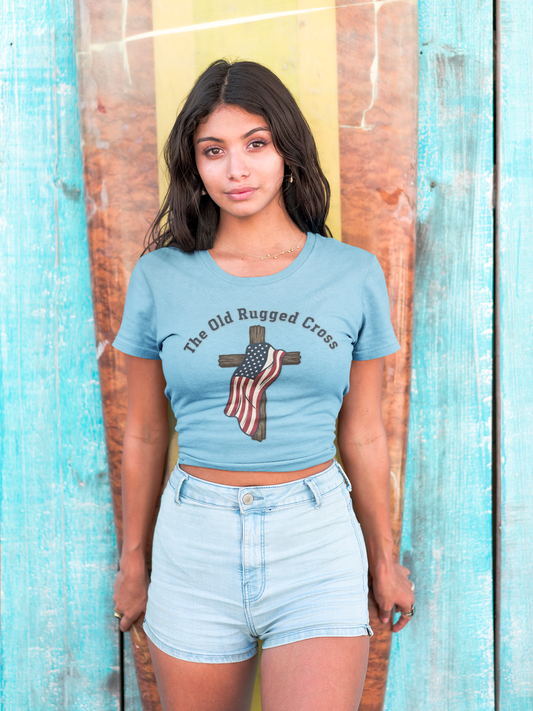 The Old Rugged Cross — American Flag-Draped Cross Christian Patriotic T‑Shirt