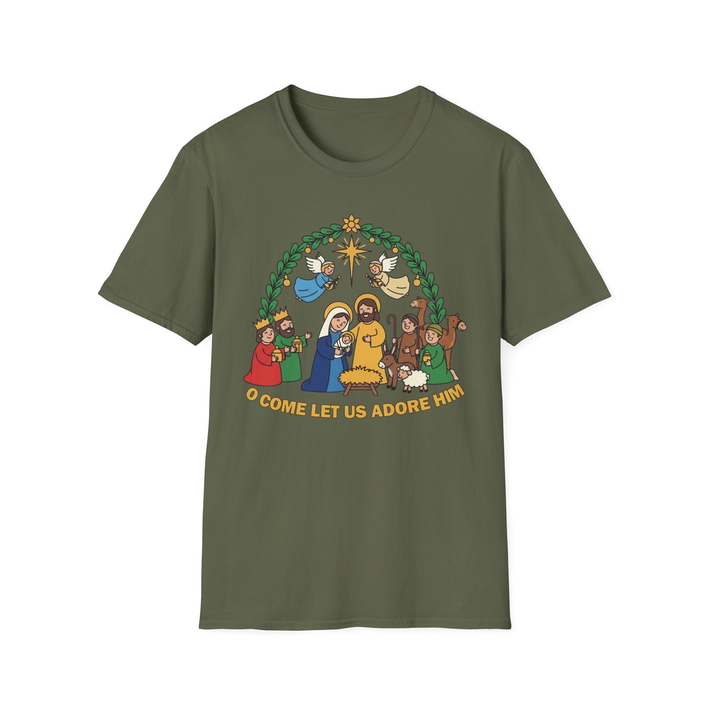 A085 - O Come Let Us Adore Him Christmas Nativity T-Shirt