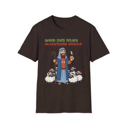 Funny Bethlehem Shepherd Christmas T-Shirt Just Out Here Watching Sheep
