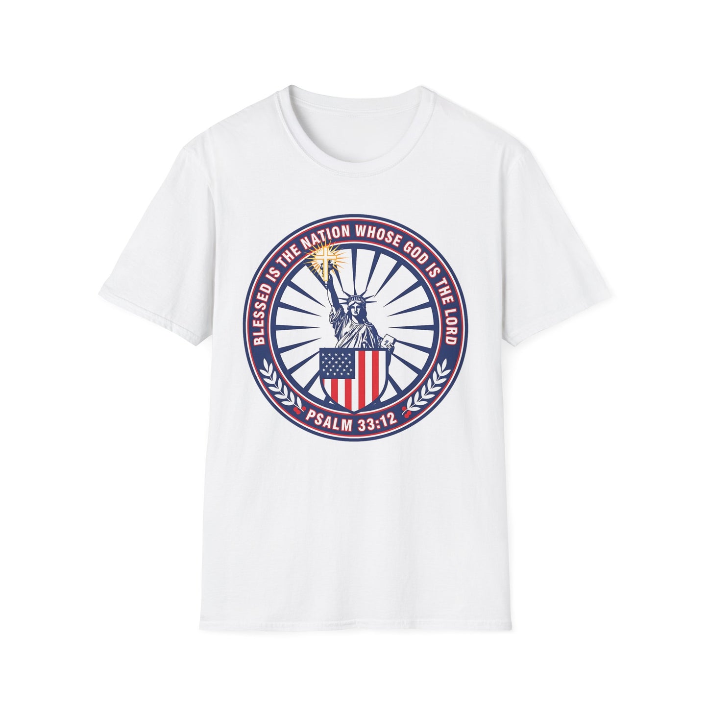 Blessed Is the Nation Whose God Is the LORD Christian Patriotic Softstyle T-Shirt - Psalm 33:12