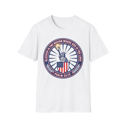 Blessed Is the Nation Whose God Is the LORD Christian Patriotic Softstyle T-Shirt - Psalm 33:12