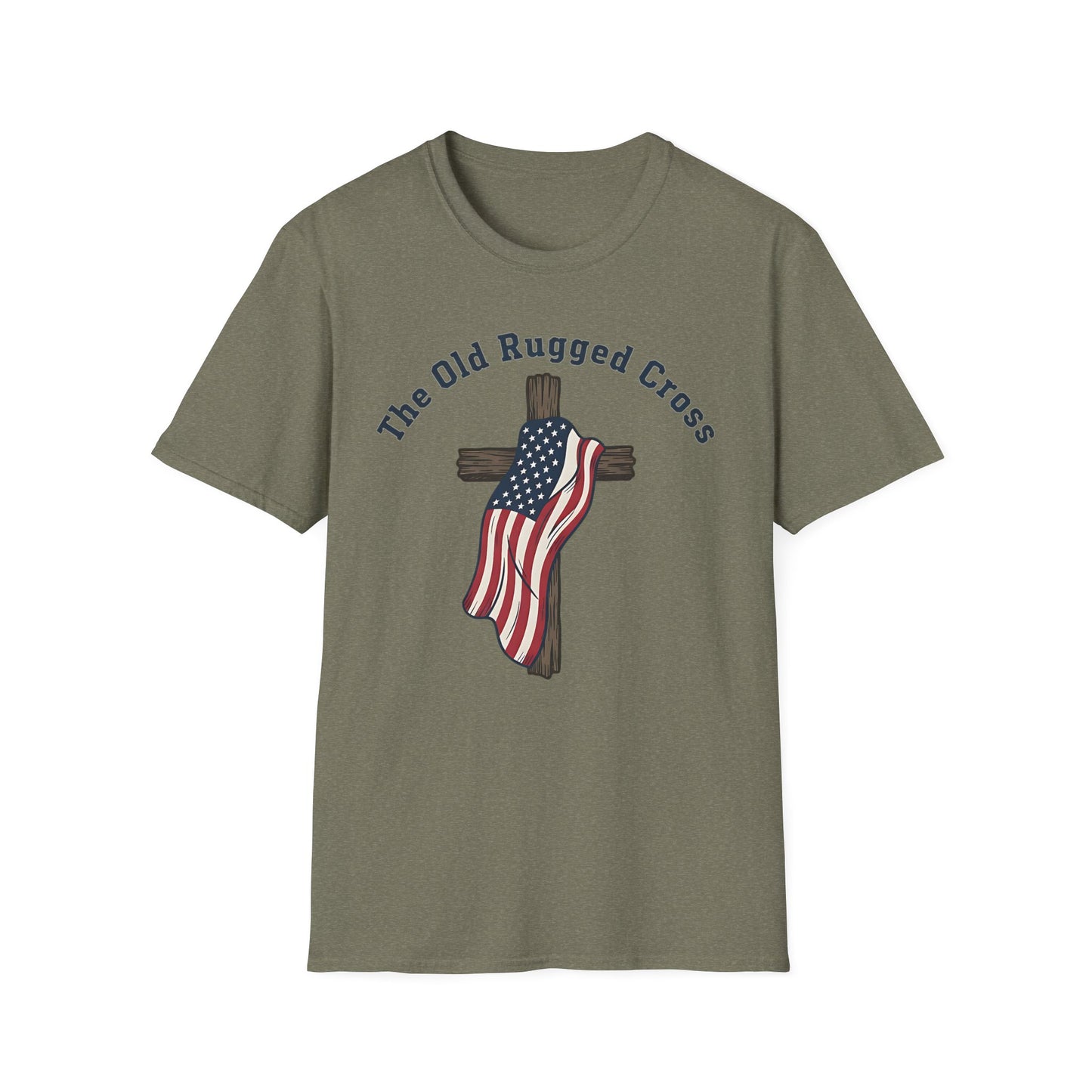 The Old Rugged Cross — American Flag-Draped Cross Christian Patriotic T‑Shirt