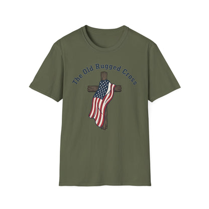 The Old Rugged Cross — American Flag-Draped Cross Christian Patriotic T‑Shirt