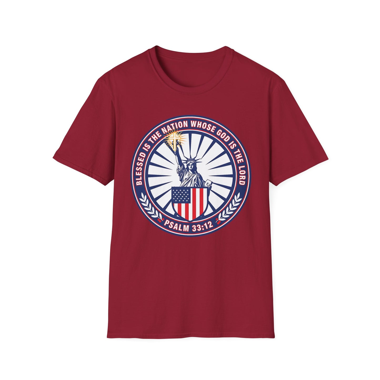 Blessed Is the Nation Whose God Is the LORD Christian Patriotic Softstyle T-Shirt - Psalm 33:12
