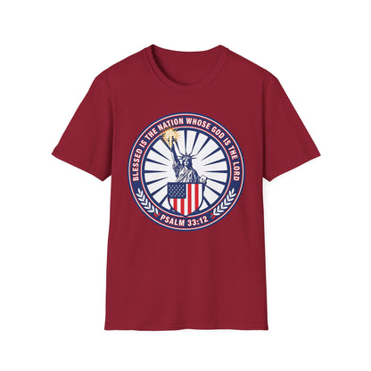 Blessed Is the Nation Whose God Is the LORD Christian Patriotic Softstyle T-Shirt - Psalm 33:12