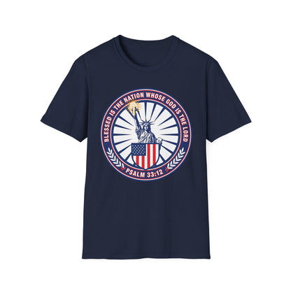 Blessed Is the Nation Whose God Is the LORD Christian Patriotic Softstyle T-Shirt - Psalm 33:12