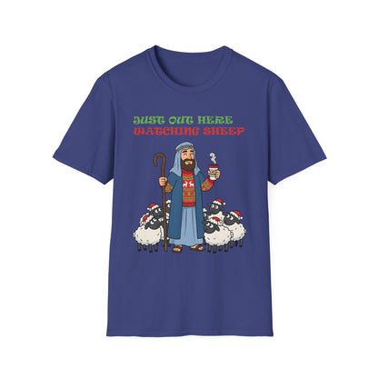Funny Bethlehem Shepherd Christmas T-Shirt Just Out Here Watching Sheep