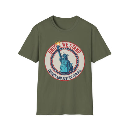 United We Stand Statue of Liberty Patriotic T-Shirt — Liberty and Justice for All