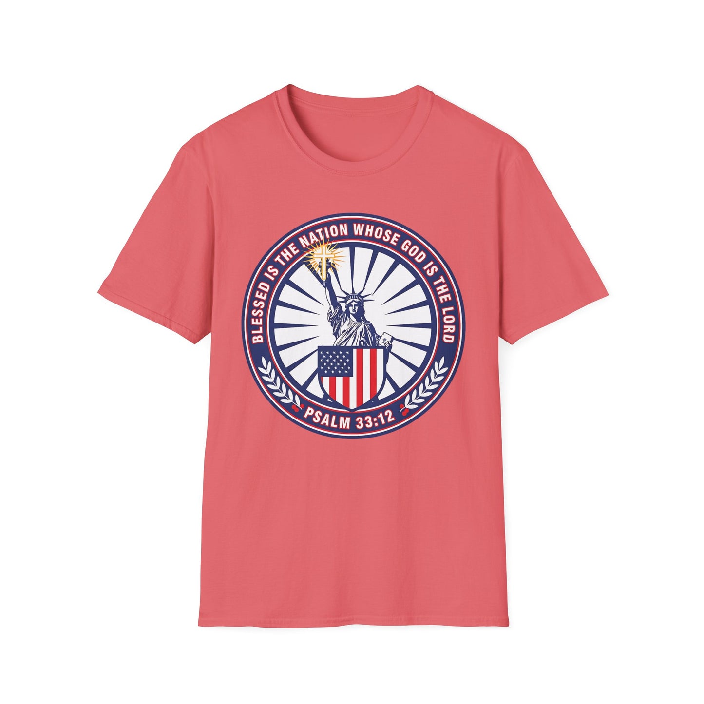 Blessed Is the Nation Whose God Is the LORD Christian Patriotic Softstyle T-Shirt - Psalm 33:12
