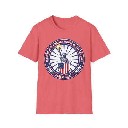 Blessed Is the Nation Whose God Is the LORD Christian Patriotic Softstyle T-Shirt - Psalm 33:12