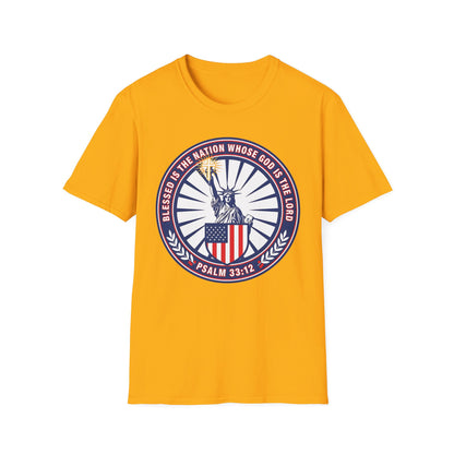 Blessed Is the Nation Whose God Is the LORD Christian Patriotic Softstyle T-Shirt - Psalm 33:12