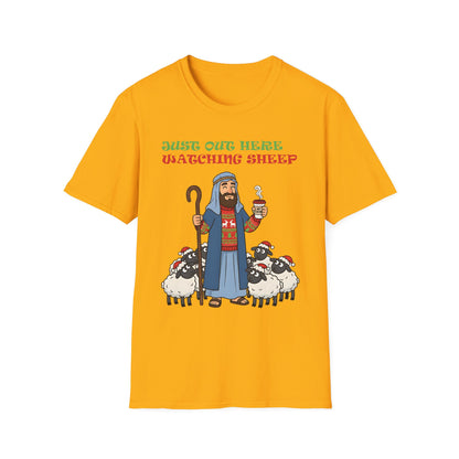 Funny Bethlehem Shepherd Christmas T-Shirt Just Out Here Watching Sheep