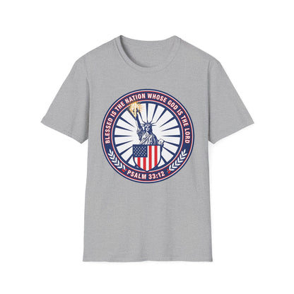 Blessed Is the Nation Whose God Is the LORD Christian Patriotic Softstyle T-Shirt - Psalm 33:12
