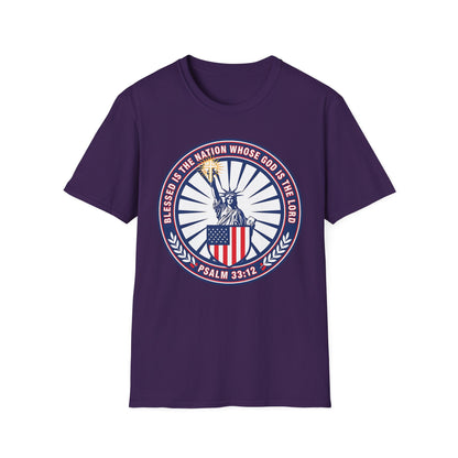 Blessed Is the Nation Whose God Is the LORD Christian Patriotic Softstyle T-Shirt - Psalm 33:12